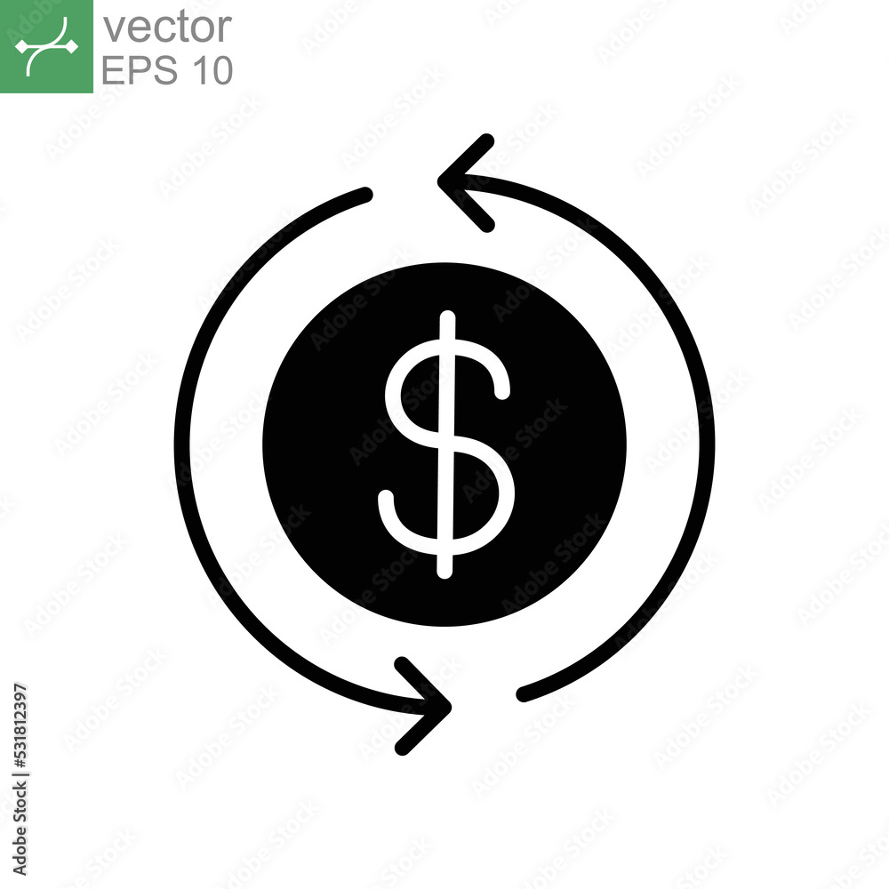 Cashback icon, return money. Cash back rebate, Reinvest earning, chargeback, Dollar coin with arrow, credit payment tax exchange simple solid style Vector illustration Design, white background EPS10 Cashback icon, return money. Cash back rebate, Reinvest earning, chargeback, Dollar coin with arrow, credit payment tax exchange simple solid style Vector illustration Design, white background EPS10