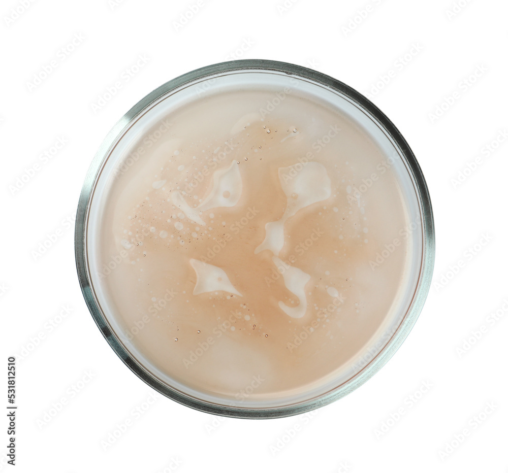 Petri dish with beige liquid isolated on white, top view Petri dish with beige liquid isolated on white, top view