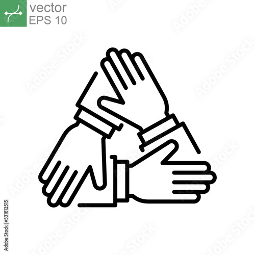 Four hands support each other. Collaboration teamwork thin line stroke. Support  Business friendship and partnership sign. unity in diversity. Vector illustration. Design on white background. EPS10