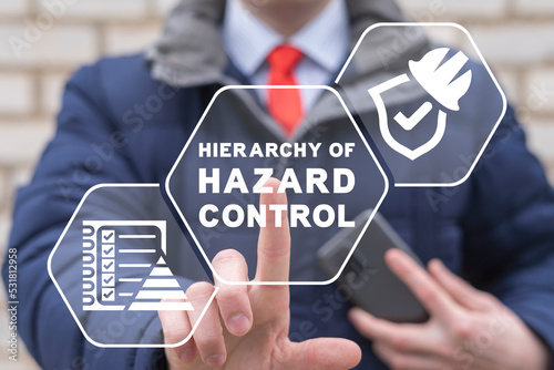 Hierarchy of hazard control business concept. Hazard Controls has 5 steps to analyse such as Elimination, Substitution, Engineering controls, Administrative controls and PPE. photo