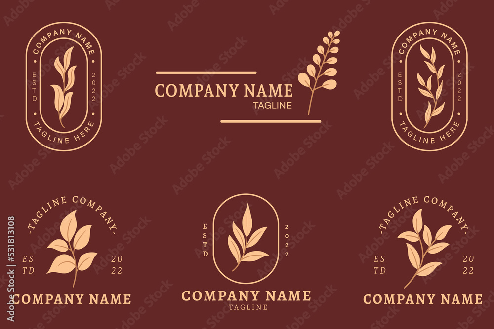 Minimalist Gold Leaf Leaves Tropical Logo Collection Style Dark Red.
