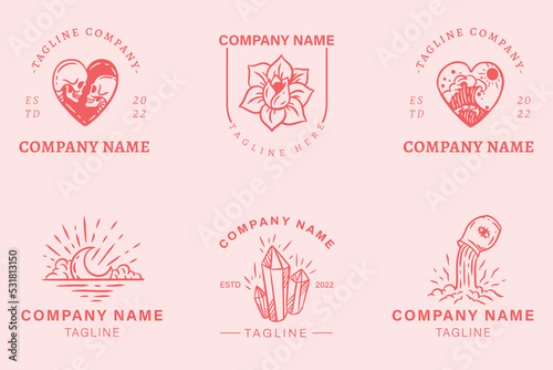 Luxury Red Logo Mystical Minimalist Symbol Collection Pink Pastel Style.