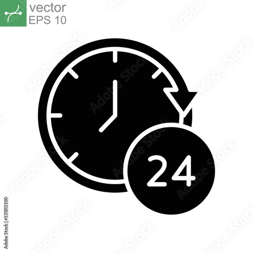 Time 24 hours icon. Twenty hour full open service operation. Free dial all day. online support. clock symbol. Passage of time. Solid, silhouette. Vector illustration. Design on white background. EPS10