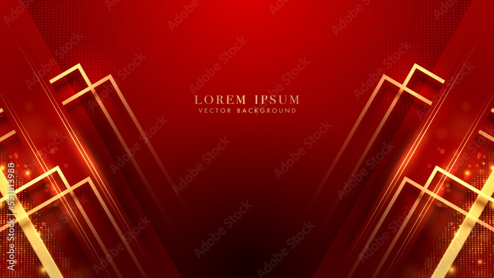 Gold square frame element with diagonal lines, glitter light effect and bokeh decoration. Luxury style design background