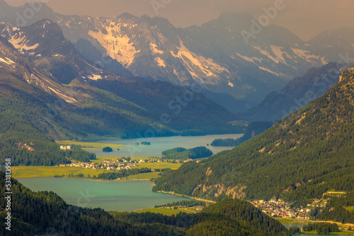 Celerina an Engadine Lakes, St Moritz, Silvaplana and Maloja from Muottas Muragl