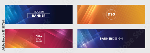Modern horizontal banner set, background template design for internet. Colorful geometric background design for social network cover, web banner, promotional banner and poster in vector illustration.