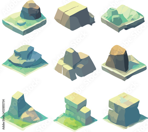 Polygonal stone set on white background. 3d Vector illustration. Isometric view.