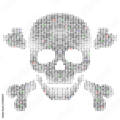 skull with bones in binary code stream on black background.concept of hacker attack, cyber piracy.