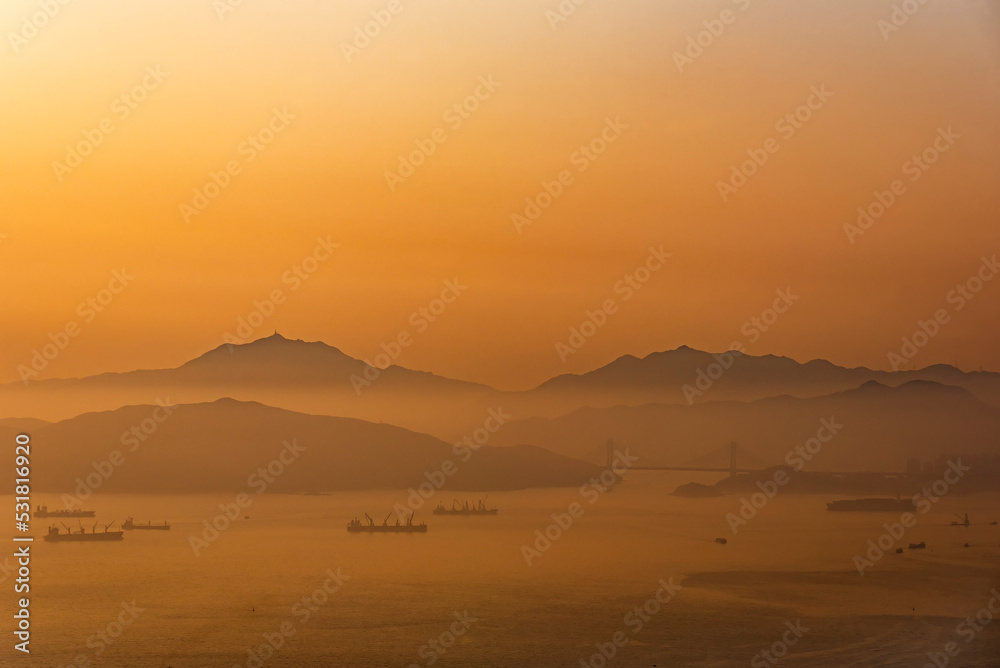 Idyllic landscape of silhouette of Lantau Island in Hong Kong