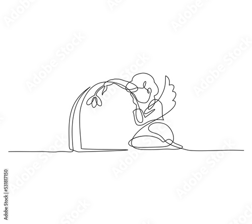 Angel. Continuous line art drawing. Vector illustration for interior, t shirt print, stamp, engraving, card.