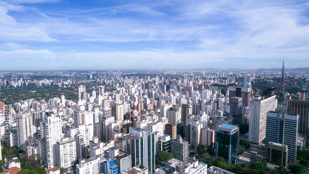 Aerial view of Av. Paulista in São Paulo, SP. Main avenue of the capital. With many radio antennas, commercial and residential buildings. Aerial view of the great city of São Paulo.