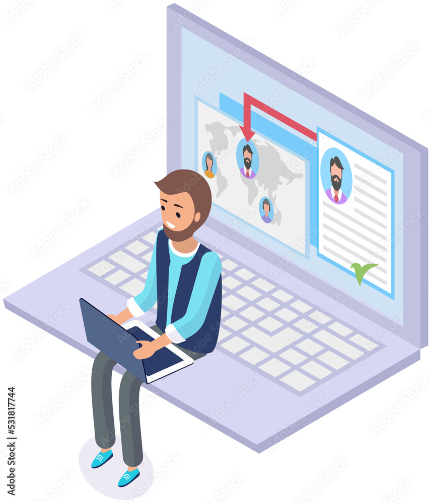 Man looking at user profiles in social network. Program for chatting, mailing or recruitment work. Guy searching for candidates. Male character with computer analyses list of virtual accounts Man looking at user profiles in social network. Program for chatting, mailing or recruitment work. Guy searching for candidates. Male character with computer analyses list of virtual accounts