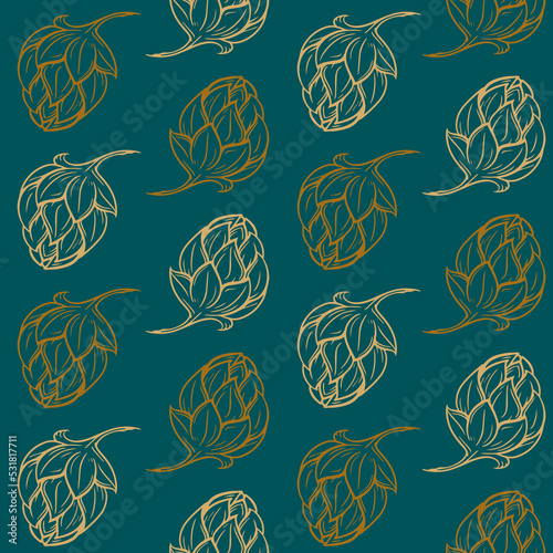 Beer hopes cones vector seamless pattern on the dark background