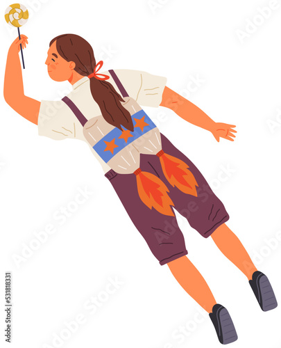 Astronaut woman with jet backpack. Lady dressed as astronaut at costume party. Outfit for holiday in cosmic style. Girl with self made jetpack flying to sky. Person in costume of space explorer