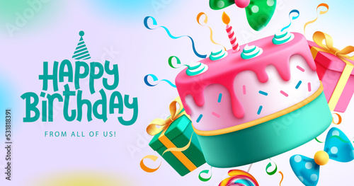 Birthday cake vector background design. Happy birthday greeting text with yummy cake element decoration for kids party occasion. Vector Illustration.
 photo