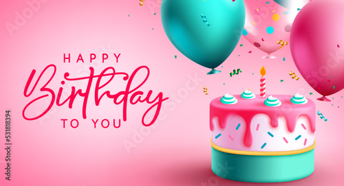 Happy birthday vector background design. Birthday text in pink space for message with party cake, confetti and balloons decoration elements. Vector Illustration.
