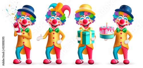 Clown character vector set design. Birthday buffoon and joker characters in colorful wig, hat and costume with happy and funny facial expression. Vector Illustration.
