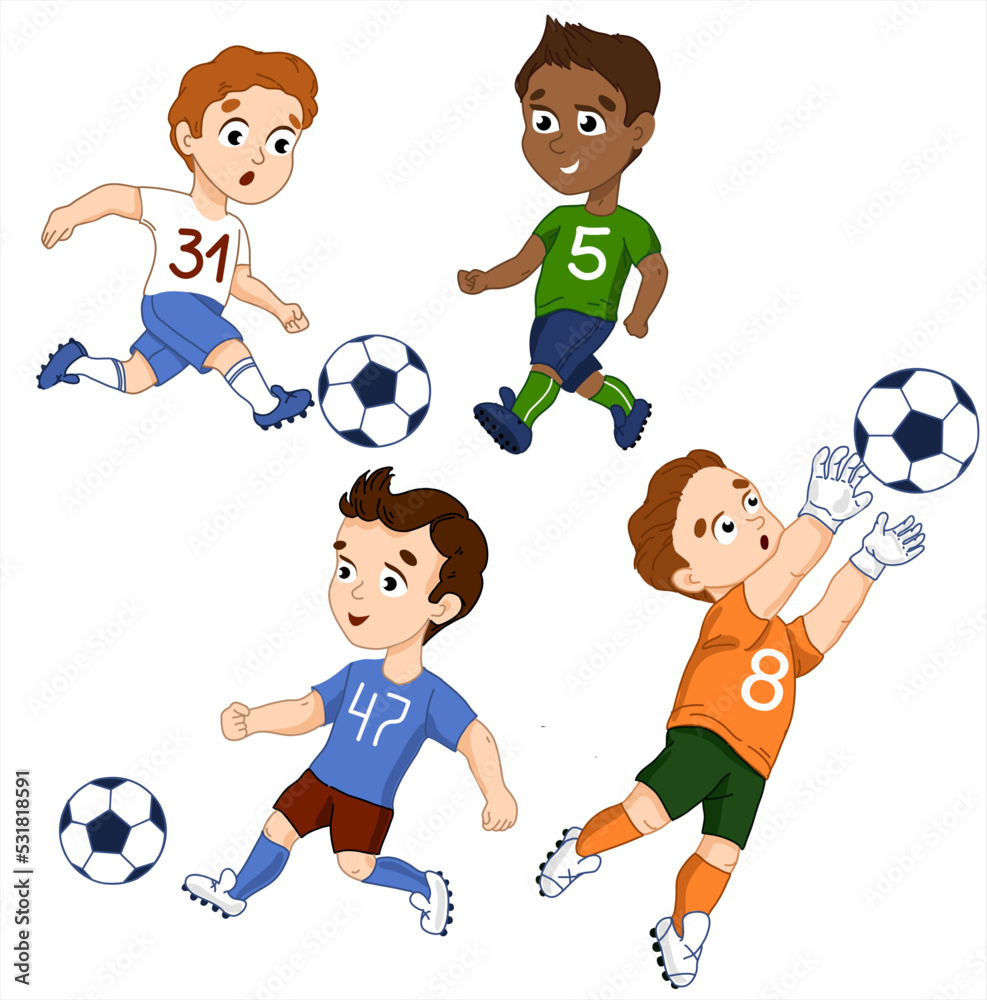 Set Cute kid boy play soccer as striker, goalkeeper. Kids are playing