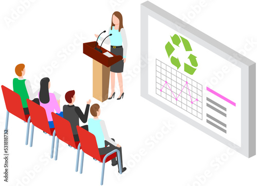 Ecologist giving presentation at conference. Woman on stage behind tribune talking to audience, press asking questions. Ecology, recycling talk show. International ecological scientific meeting