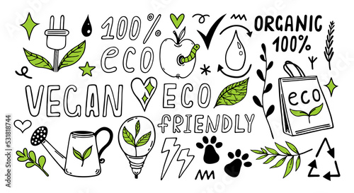 Eco doodles vector set. Symbols of environmental care - bioenergy, recycling, organic food. Go green, zero waste. Biopower, natural product. Illustration isolated on white. Clipart for posters, print