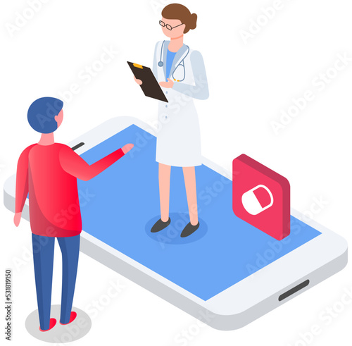 Doctor consulting patient, woman making notes of clients symptoms and pain. Person talking to professional using smartphone and special application. Internet consultation with medical app concept