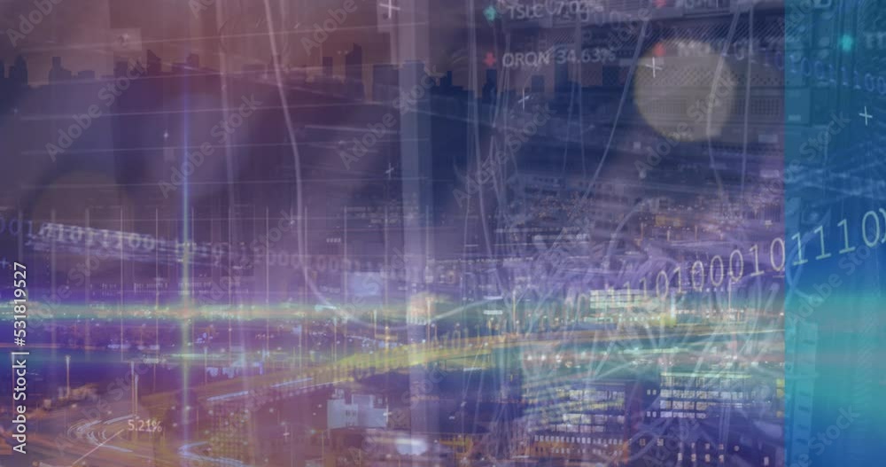 Animation of financial data processing over cityscape Animation of financial data processing over cityscape