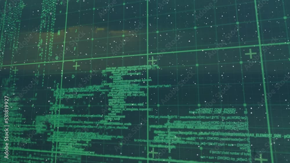 Animation of snow falling over grid and processing data on black background Animation of snow falling over grid and processing data on black background