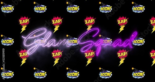 Animation of glam squad text in purple neon over zap and boom icons repeated on black background photo