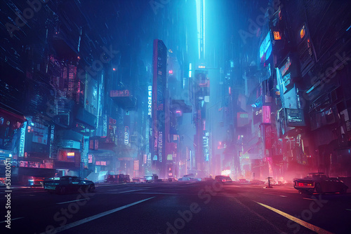 Cyberpunk city, futuristic scene illustration photo