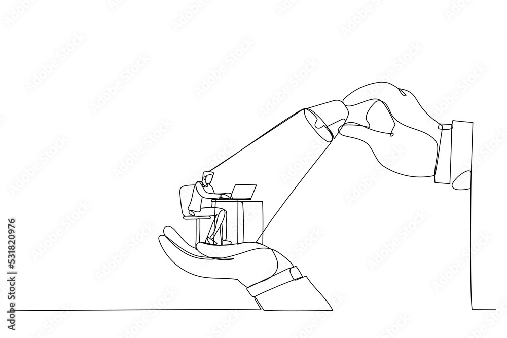 Obraz premium Illustration of big hands holding businessman and lighting on the top, metaphor for control, support and coordination. One continuous line art style