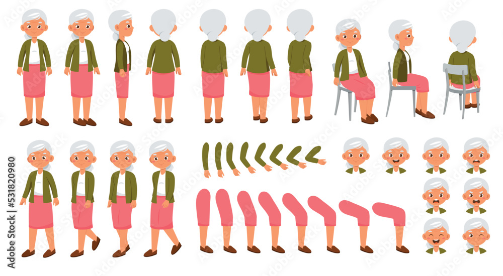 Grandma character constructor for animation. Beautiful retired elderly woman with gray hair. Set of elements of arms, legs and emotions. Cartoon flat vector collection isolated on white background