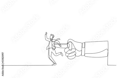 Cartoon of giant hand pushing businessman. Metaphor for giving the push at work. Continuous line art style