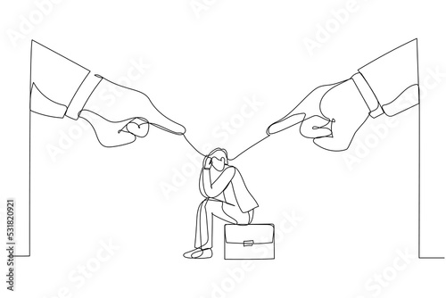 Illustration of giant boss hands pointing and blaming at depressed businessman employee. Metaphor for toxic work, abuse or bullying colleagues. One continuous line art style