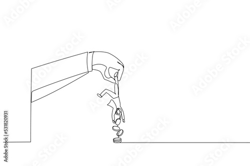 Cartoon of greed businessman hold small people shaking to get all their money. Metaphor for tax hike, government increase tax or steal money from people. Single continuous line art style