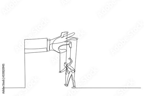 Cartoon of man as a marionette controlled. Single continuous line art style photo