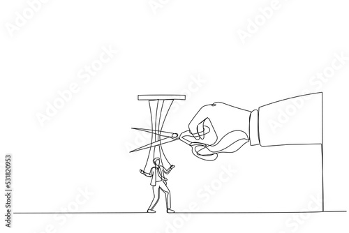 Illustration of giant hand with scissors cutting the strings attached to businessman. Metaphor for freedom, independent, liberation. One line art style