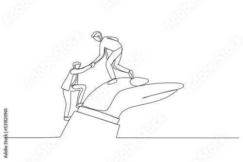Cartoon of businessman helps companion climb to the giant hand. Continuous line art