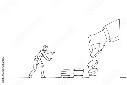 Illustration of big hand use dollar coin to entice businessman. Metaphor for business trap and financial. One line art style