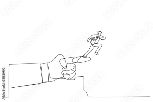 Drawing of giant hand pointing to the wrong way to a businessman. Single line art style