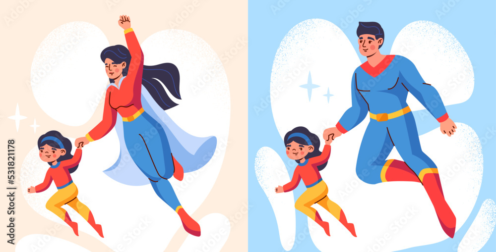 Set of superhero parents. Strong and brave super mom and dad in costumes hold their daughter hand and fly up. Mother or father takes care of their child. Cartoon flat vector illustration collection