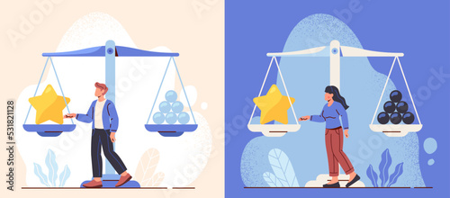 Quality vs quantity concept. Man and woman entrepreneurs stand next to scales with large golden star and many small balls. Unique idea versus other standard solutions. Cartoon flat vector collection