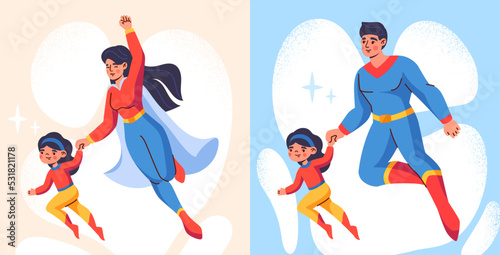Set of superhero parents. Strong and brave super mom and dad in costumes hold their daughter hand and fly up. Mother or father takes care of their child. Cartoon flat vector illustration collection