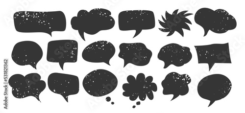 Speech bubble icon black textured set, blank sticker speech balloon grunge texture in various shapes, comic cloud bubble blank vector design, message icon silhouette isolated
