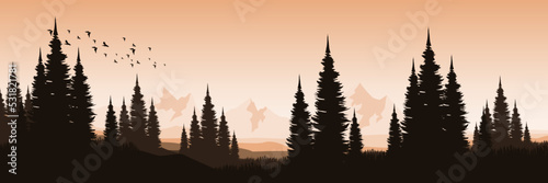 mountain landscape with pine tree silhouette vector illustration good for wallpaper, background, backdrop, banner, web, travel, tourism and design template