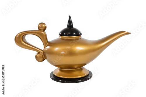 Golden magical genie lamp isolated.