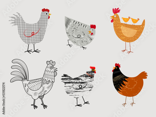 Set of chicken, rooster and hen icon character mascot vector illustration.