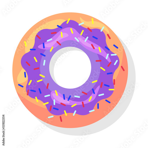 Colorful donuts flat item. Cartoon glazed doughnuts with pink, blue, green icing isolated vector illustration. Desserts and sweet snack