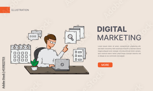 Digital marketing concept hand drawn flat illustration or man with laptop using tools and services for business © Ramli Agustiawan