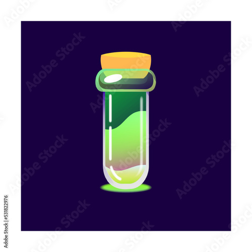 Bottle of magic potion. Cartoon jars with love elixir, glass chemical vials with corks on dark purple background. Vector illustration for witchcraft lab, alchemy, Halloween, poison