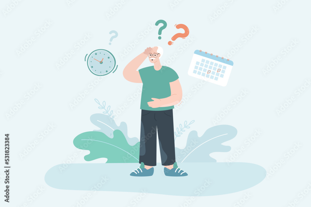 Elderly man forgetting about events flat vector illustration. Question marks, calendar and clock above old man. Memory, retirement, health concept for banner, website design or landing web page Elderly man forgetting about events flat vector illustration. Question marks, calendar and clock above old man. Memory, retirement, health concept for banner, website design or landing web page